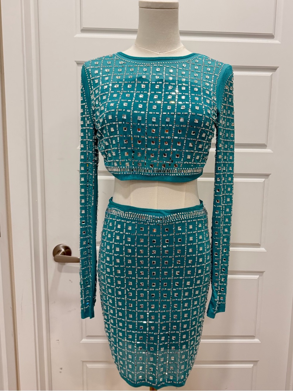 Fashion Nova Teal Embellished Two-Piece Skirt Set